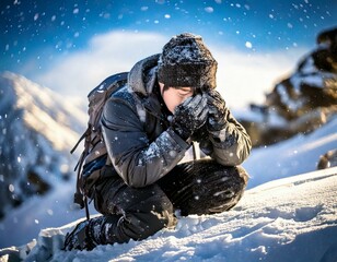 雪山で膝をつき涙を流す男性