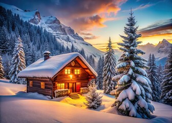 Fototapeta premium Alpine Cabin Winter Wonderland - Dreamy Mountain Escape