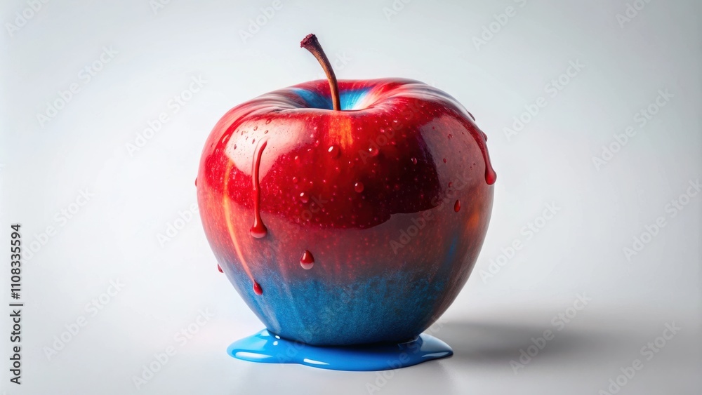 Poster a single red apple covered in dripping blue and red paint on a white background