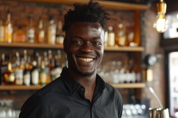 Fototapeta premium Smiling portrait of a young African American male bartender