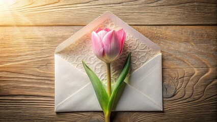 A single pink tulip, with delicate green leaves, rests nestled inside a white envelope, atop a rustic wooden surface, bathed in warm, golden sunlight.