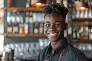 Fototapeta premium Smiling portrait of a young African American male bartender