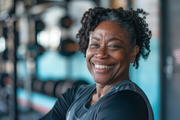 Smiling portrait of a middle aged slightly overweight African American woman in gym