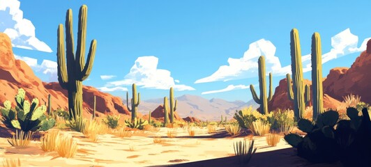 Stunning Arizona Desert Landscape: Saguaro Cactus and Red Rocks under a Bright Sunny Sky