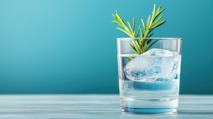 A glass of water with a sprig of rosemary on top