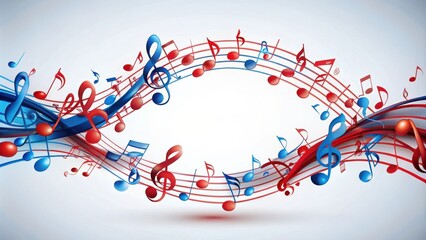 A vibrant display of musical notes in red and blue hues, forming a dynamic composition that symbolizes the power and passion of music.