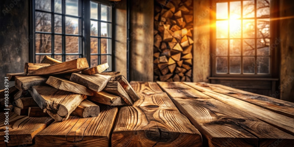 Poster Rustic wooden table with a pile of firewood in the foreground and a window with sunlight streaming through in the background.