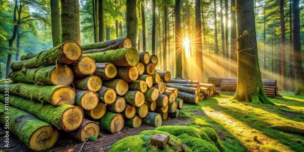 Poster Sunlight filtering through the trees illuminates a pile of moss-covered logs in a lush forest