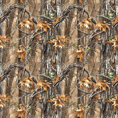 Camouflage with Autumn Trees for Outdoor and Nature-Themed Patterns. Seamless Repeatable Background.