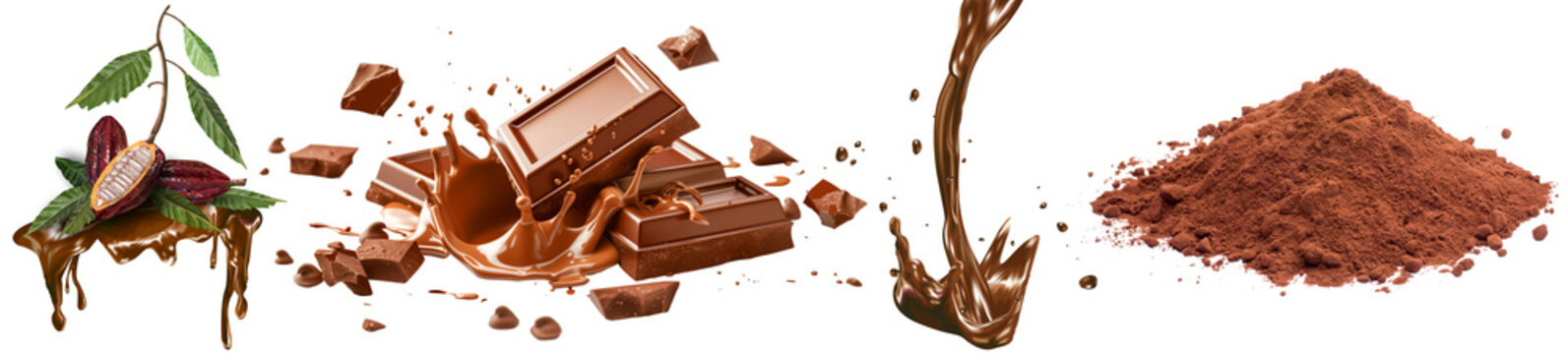 frutos de cacao sobre chocolate derretido con cuadros delicioso chocolate y chorro achocolatado junto con polvo de cacao natural aislado en fondo transparente imagen en alta resoluci&oacute;n png