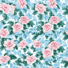 Floral design featuring pink roses and blue accents on a light background in a repeating pattern