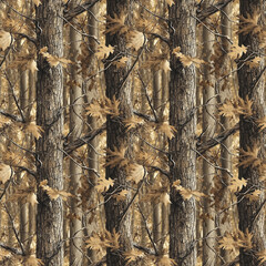 Autumn Tree Camo Pattern with Brown Leaves for Rustic Seasonal Designs. Seamless Repeatable Background