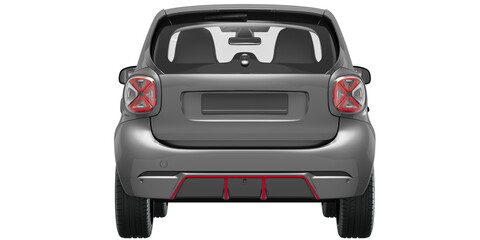 silver small car, back view isolated on white background for make a mockup