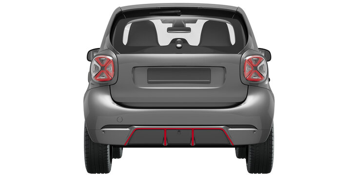 silver small car, back view isolated on white background for make a mockup