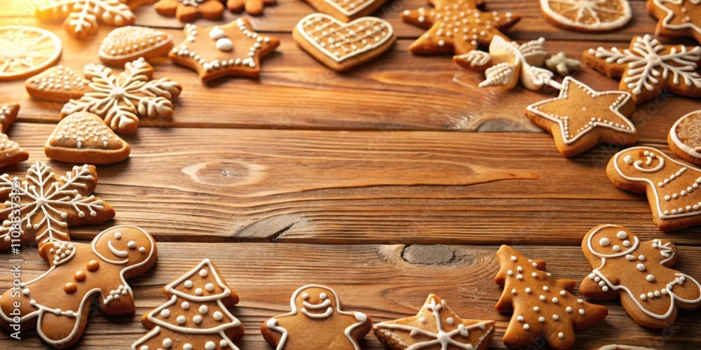 Poster Festive Gingerbread Cookies Arranged in a Circular Pattern Around a Wooden Surface