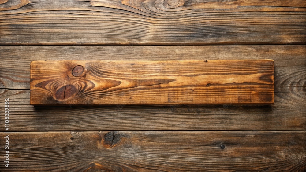Poster A rustic wooden plank with a natural grain pattern and knot holes, positioned horizontally on a weathered wood background, creating a visually appealing and textured surface.