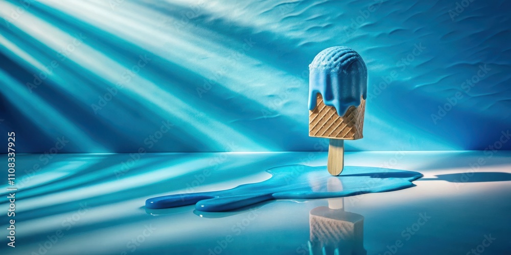 Aufkleber a blue ice cream popsicle melts on a shiny surface creating a pool of melted ice cream, with sunligh