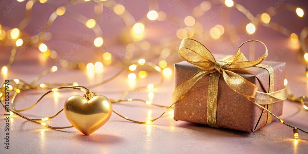 Poster a festive gift wrapped in brown paper with a golden ribbon and a heart-shaped ornament surrounded by