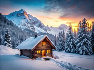Fototapeta premium Cozy Mountain Cabin Winter Scenery Minimalist Art