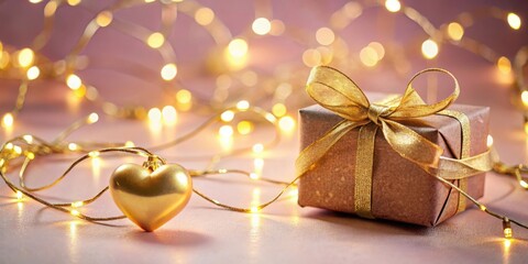 A Festive Gift Wrapped in Brown Paper with a Golden Ribbon and a Heart-Shaped Ornament Surrounded by Warm String Lights