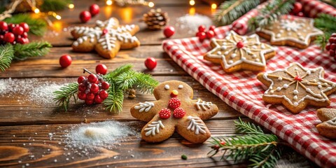 Gingerbread Man and Star Cookies on a Wooden Table with Christmas Decorations