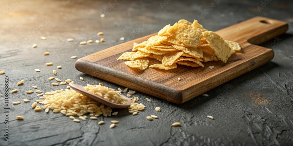 Poster A close-up view of a wooden cutting board with a pile of crispy rice crackers and a scattered array of uncooked rice grains on a gray surface.