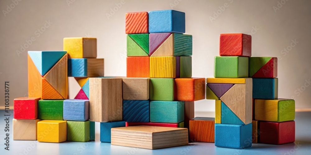 Poster A vibrant collection of colorful wooden blocks stacked and arranged in various configurations, showcasing creativity and geometric patterns.