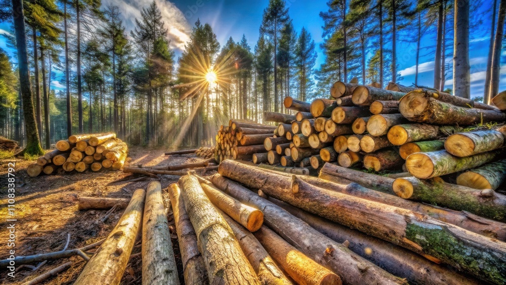 Poster Sunlight filters through the trees illuminating a pile of freshly cut logs in a forest clearing.
