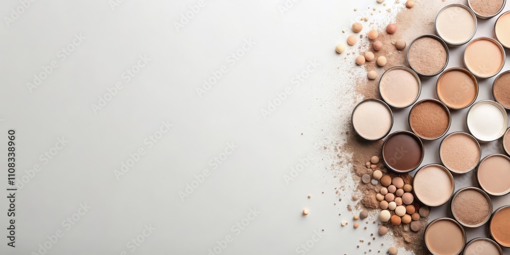 Poster a variety of foundation shades arranged in a neat pattern, with scattered powder and loose pigments 
