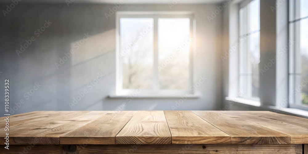 Leinwandbilder empty wooden table surface with blurred window view in a room with sunlight streaming in