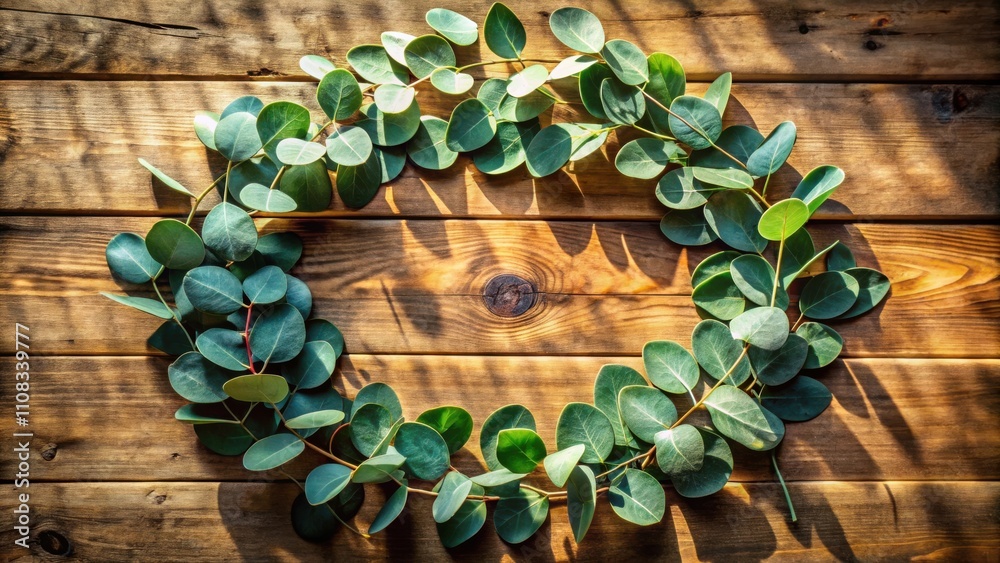 Poster a circular arrangement of green leaves on a rustic wooden surface, bathed in warm sunlight, creating
