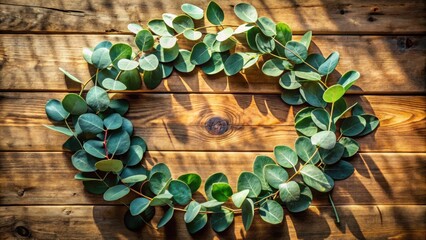 A circular arrangement of green leaves on a rustic wooden surface, bathed in warm sunlight, creating a natural and inviting frame.