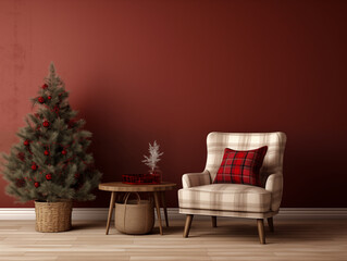 Fototapeta premium Scandinavian style modern minimalist living room with simple Christmas decor. Cranberry red holiday interior. Plaid accent interior. Christmas interior.