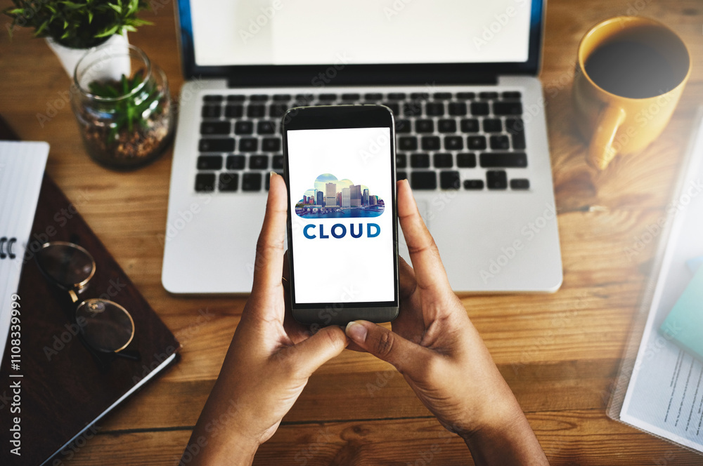Poster network, hands and phone screen for cloud storage, communication and update with laptop. person, mob