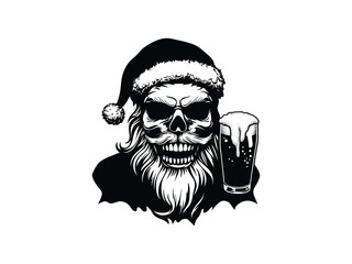 Fototapeta premium Santa Skull Beer Silhouette Christmas Santa Skull Holding Beer Glass Holiday Skull Art for Christmas Designs