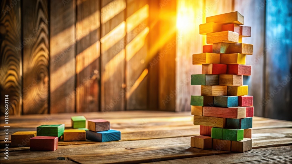 Leinwandbilder colorful wooden blocks stacked high on a rustic table with sunbeams streaming through a window