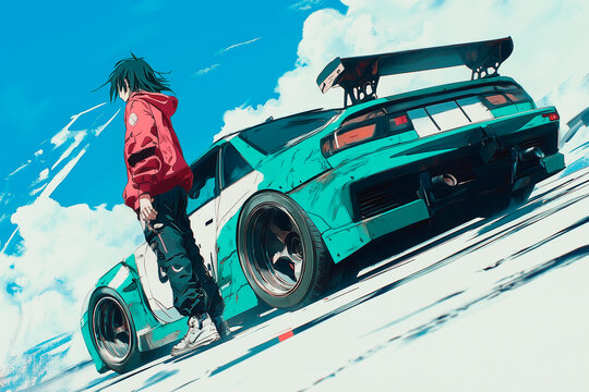 Street racer standing next to their tuned car in anime style. Mockup template with space for text. Background, cover design. racing urban theme banner poster background gaming. Generative Ai content