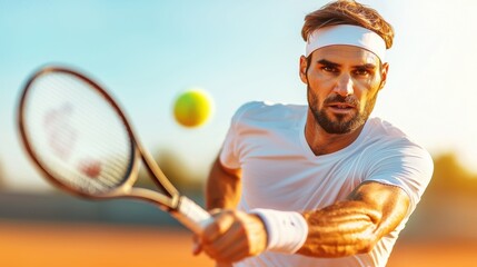 A man is playing tennis and hitting a ball with a racket