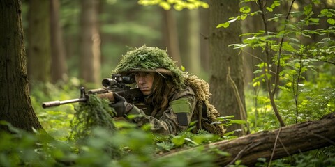 Obraz premium Camouflaged soldier as a sniper in ghillie suit, hidden in the dense forest, equipped with a precision rifle, focused on target search in a natural environment