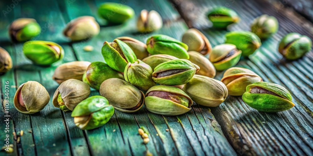 Poster A close-up image of pistachio nuts, with a shallow depth of field, focus on a few in the center of the frame, and blurred background of more nuts and weathered wood