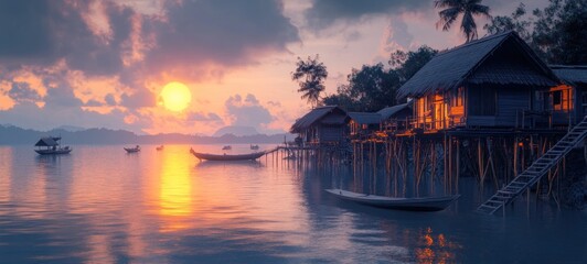 Obraz premium Sunset Over Water Village: Tranquil Tropical Paradise