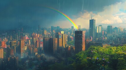 Naklejka premium A cityscape with a rainbow after a rainstorm, arching over the skyline