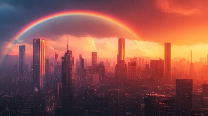 Fototapeta premium A cityscape with a rainbow after a rainstorm, arching over the skyline