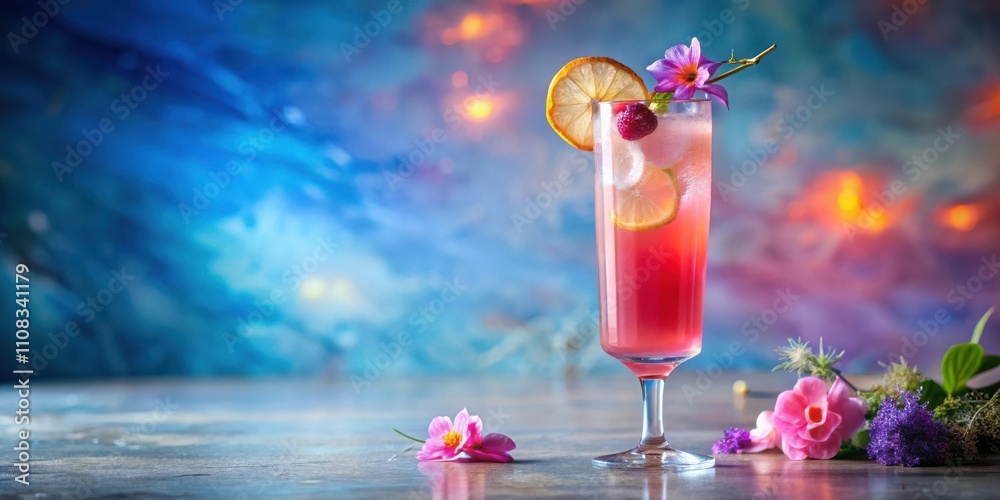 Poster a refreshing pink cocktail with lemon and flowers on a wooden table with a blurred colorful backgrou