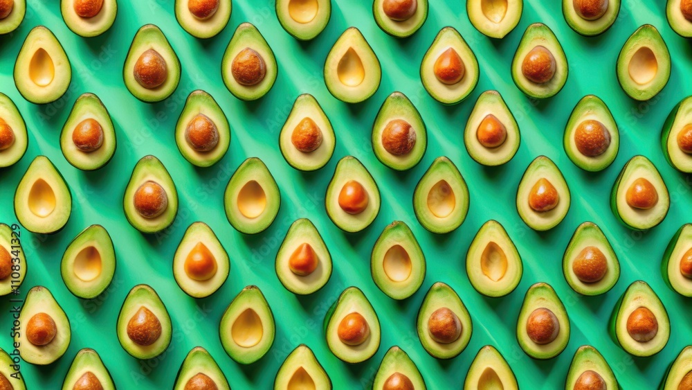 Poster a repeating pattern of avocado halves arranged diagonally on a vibrant green background, showcasing 