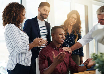 Business people, web design or group with celebration, achievement or cheering in modern office....