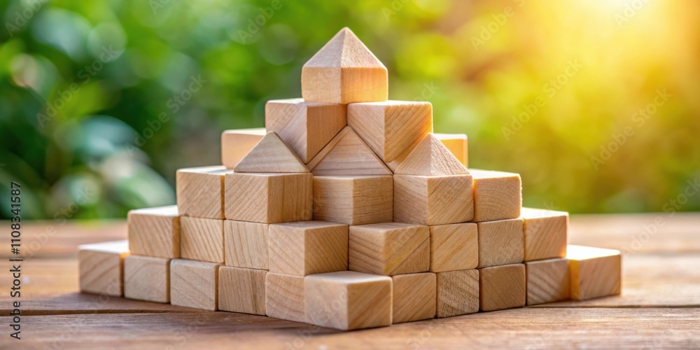 Aufkleber wooden blocks stacked in pyramid shape on a wooden table with a blurred green background and sunligh