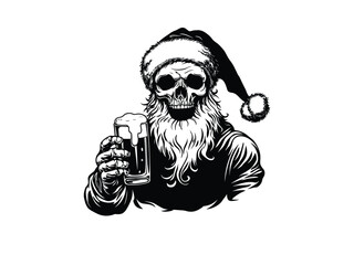 Santa Skull Beer Silhouette Christmas Santa Skull Holding Beer Glass  Holiday Skull Art for Christmas Designs