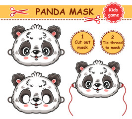 Cute panda bear Christmas carnival face mask. Chinese wild black and white animal character portrait. Children paper game. New Year Xmas holiday party masquerade costume. Kid activity book page vector