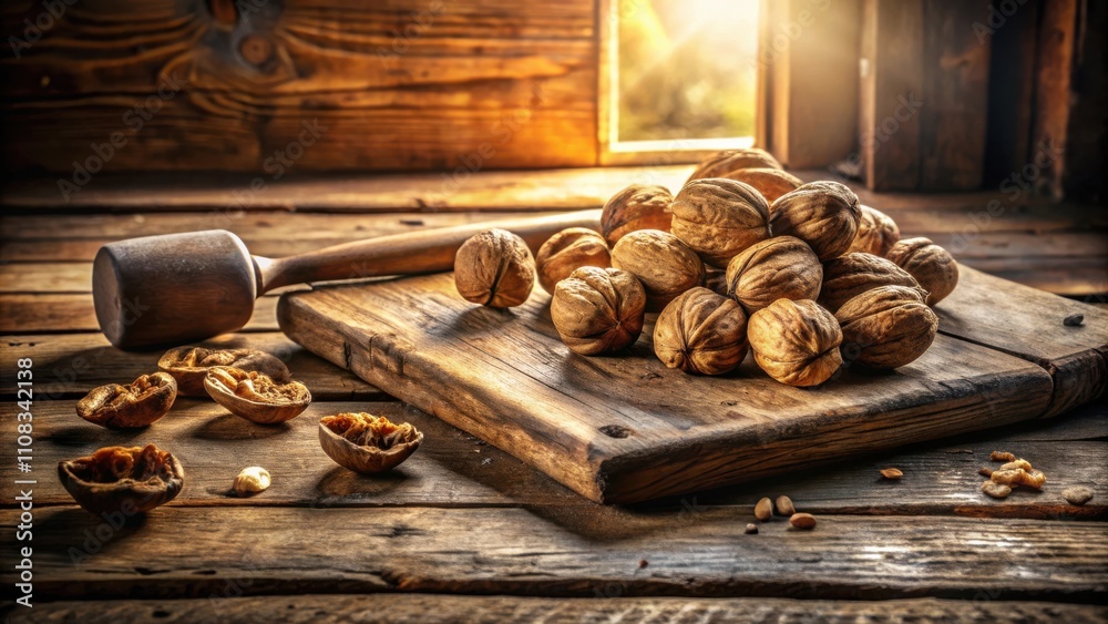 Poster a rustic wooden table with a pile of walnuts on a chopping board, a mallet for cracking nuts, and so